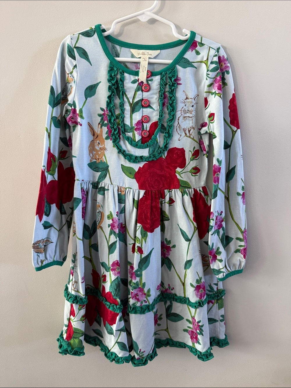 Matilda Jane Light Blue Floral Dress with Red Rose Accents